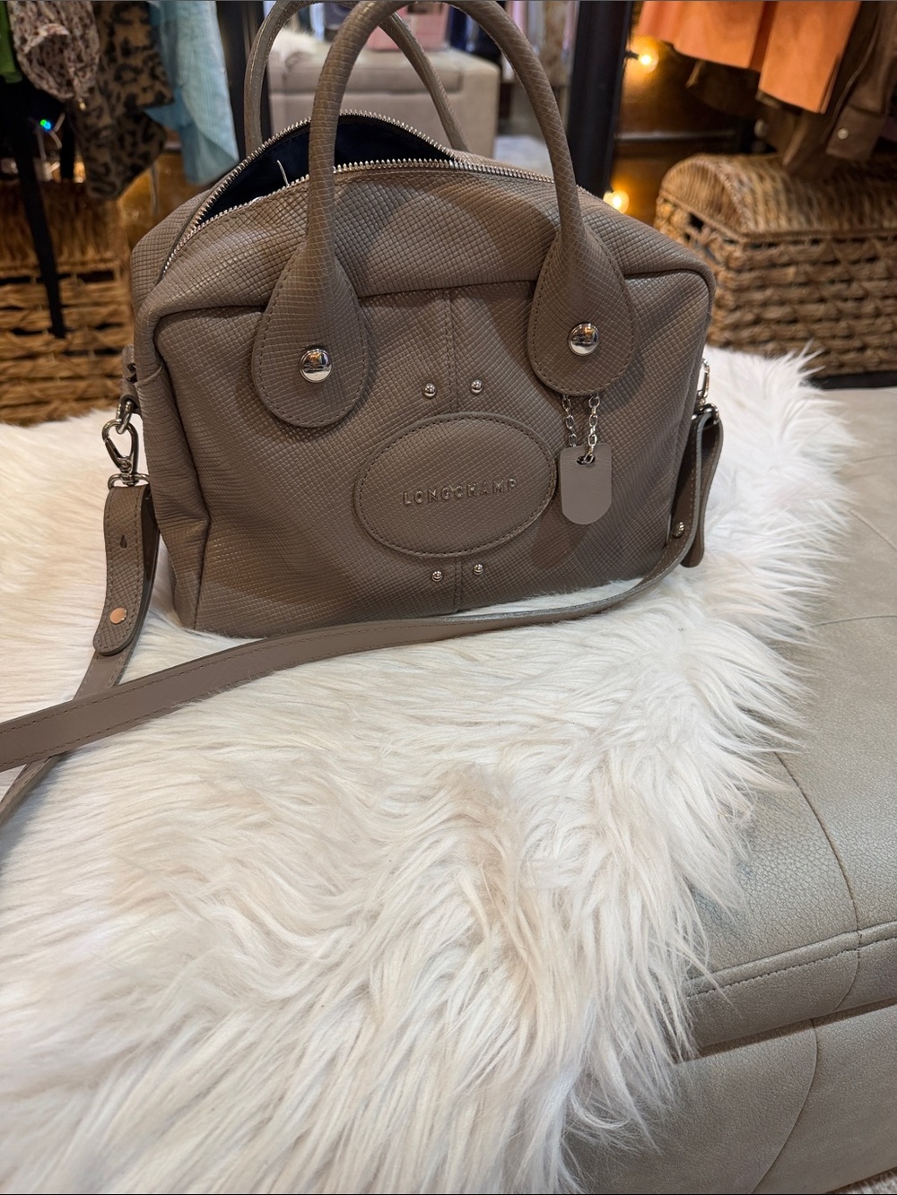 Brand new Longchamp Taupe Textured Leather Satchel with Detachable Strap